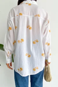 FEMELLE Women's Yellow New Season Mushroom Embroidery Embroidered 100% Cotton Wide Fit Shirt - Image 7