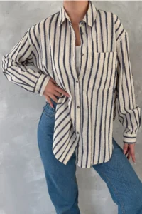 FEMELLE Women's Striped Single Pocket Casual 25% Linen 75% Cotton Oversize Shirt (Buy 1 Size Small) - Image 2