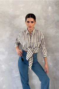 FEMELLE Women's Striped Single Pocket Casual 25% Linen 75% Cotton Oversize Shirt (Buy 1 Size Small) - Image 5