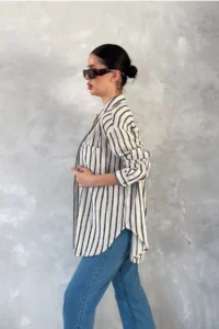 FEMELLE Women's Striped Single Pocket Casual 25% Linen 75% Cotton Oversize Shirt (Buy 1 Size Small) - Image 6