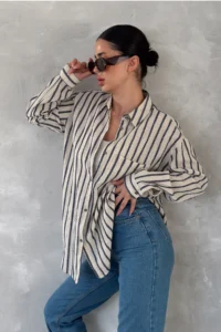 FEMELLE Women's Striped Single Pocket Casual 25% Linen 75% Cotton Oversize Shirt (Buy 1 Size Small) - Image 7