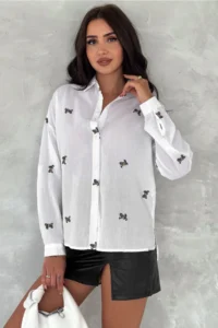 FEMELLE Women's White Folding Sleeve Rabbit Embroidery Embroidered 100% Cotton Shirt