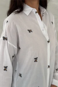FEMELLE Women's White Folding Sleeve Rabbit Embroidery Embroidered 100% Cotton Shirt - Image 2