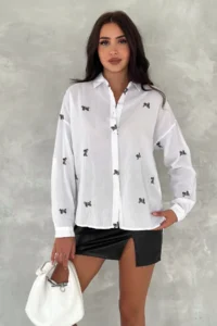 FEMELLE Women's White Folding Sleeve Rabbit Embroidery Embroidered 100% Cotton Shirt - Image 3
