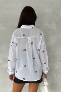 FEMELLE Women's White Folding Sleeve Rabbit Embroidery Embroidered 100% Cotton Shirt - Image 4
