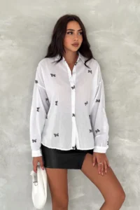 FEMELLE Women's White Folding Sleeve Rabbit Embroidery Embroidered 100% Cotton Shirt - Image 5