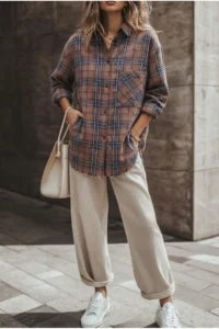 FEMELLE Women's Brown Plaid Pattern Single Pocket 100% Cotton Oversize Shirt (Buy 1 Size Smaller) - Image 2
