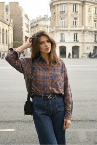 FEMELLE Women's Brown Plaid Pattern Single Pocket 100% Cotton Oversize Shirt (Buy 1 Size Smaller) - Image 4
