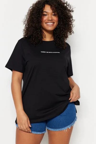 Trendyol Curve Black relaxed Fit Slogan Printed Crew Neck 100% Cotton Knitting Plus Size T-Shirt