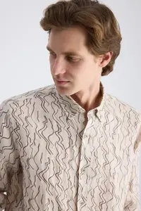 D'S Damat Ds Damat comfort Beige Printed 100% Linen Shirt - Image 2