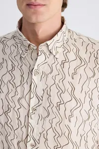 D'S Damat Ds Damat comfort Beige Printed 100% Linen Shirt - Image 4