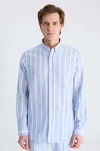 D'S Damat Ds Damat Comfort Blue Line Patterned Linen Blend Shirt
