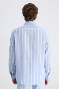 D'S Damat Ds Damat Comfort Blue Line Patterned Linen Blend Shirt - Image 3