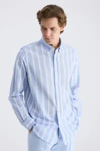 D'S Damat Ds Damat Comfort Blue Line Patterned Linen Blend Shirt - Image 4