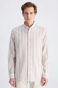 D'S Damat Ds Damat Comfort Beige Line Patterned Linen Blend Shirt