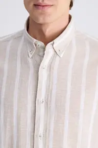 D'S Damat Ds Damat Comfort Beige Line Patterned Linen Blend Shirt - Image 2