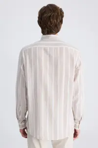 D'S Damat Ds Damat Comfort Beige Line Patterned Linen Blend Shirt - Image 3