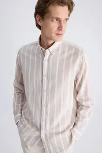D'S Damat Ds Damat Comfort Beige Line Patterned Linen Blend Shirt - Image 4