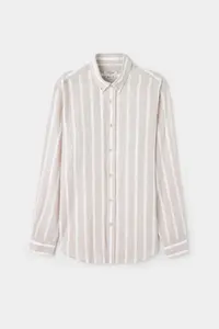 D'S Damat Ds Damat Comfort Beige Line Patterned Linen Blend Shirt - Image 5