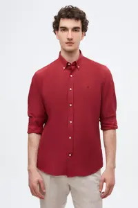 D'S Damat Ds Damat Slim Fit Burgundy Oxford Button Collar Easy-Iron Embroidery Detailed Cotton Shirt