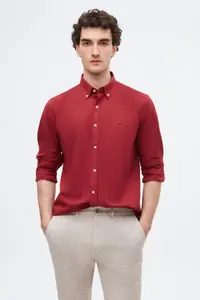 D'S Damat Ds Damat Slim Fit Burgundy Oxford Button Collar Easy-Iron Embroidery Detailed Cotton Shirt - Image 2