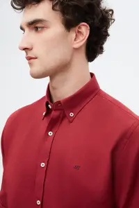 D'S Damat Ds Damat Slim Fit Burgundy Oxford Button Collar Easy-Iron Embroidery Detailed Cotton Shirt - Image 3