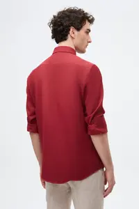 D'S Damat Ds Damat Slim Fit Burgundy Oxford Button Collar Easy-Iron Embroidery Detailed Cotton Shirt - Image 4