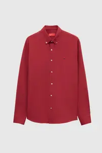 D'S Damat Ds Damat Slim Fit Burgundy Oxford Button Collar Easy-Iron Embroidery Detailed Cotton Shirt - Image 5