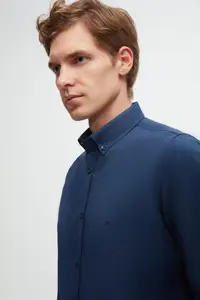 D'S Damat Ds Damat Slim Fit Indigo Oxford Button Collar Easy-Iron Embroidery Detailed Cotton Shirt - Image 2