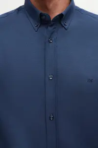 D'S Damat Ds Damat Slim Fit Indigo Oxford Button Collar Easy-Iron Embroidery Detailed Cotton Shirt - Image 3