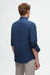 D'S Damat Ds Damat Slim Fit Indigo Oxford Button Collar Easy-Iron Embroidery Detailed Cotton Shirt - Image 4