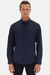 D'S Damat Ds Damat Slim Fit Navy Blue Oxford Button Collar Easy-Iron Embroidery Detailed Cotton Shirt