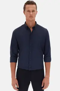 D'S Damat Ds Damat Slim Fit Navy Blue Oxford Button Collar Easy-Iron Embroidery Detailed Cotton Shirt - Image 2