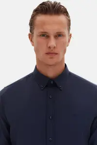 D'S Damat Ds Damat Slim Fit Navy Blue Oxford Button Collar Easy-Iron Embroidery Detailed Cotton Shirt - Image 3