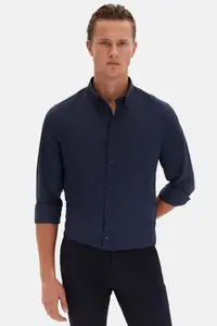 D'S Damat Ds Damat Slim Fit Navy Blue Oxford Button Collar Easy-Iron Embroidery Detailed Cotton Shirt - Image 4