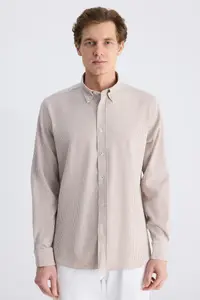 D'S Damat Ds Damat Regular Fit Beige Stripe Patterned Cotton Shirt