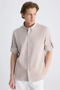D'S Damat Ds Damat Regular Fit Beige Stripe Patterned Cotton Shirt - Image 4