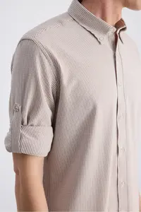 D'S Damat Ds Damat Regular Fit Beige Stripe Patterned Cotton Shirt - Image 7