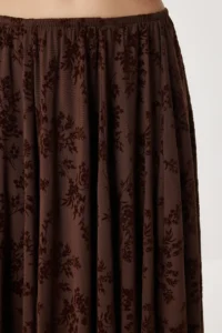 Lovelyİstanbul Velvet Patterned Asymmetric Tulle Skirt  BROWN - Image 5