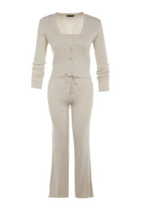 TRENDYOLMİLLA Beige Fitillli Blouse Cardigan Pants Knitwear Top and Bottom Set - Image 5