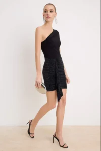 TRENDYOLMİLLA Black Cut Out Glitter Skirt Detailed Knitting Mini Dress