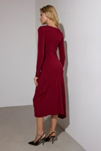 TRENDYOLMİLLA Burgundy Asymmetric Collar Gather detailed Midi bodycon Flexible Knitting Dress - Image 4