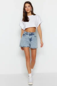 TRENDYOLMiLLA Light Blue High Waist City Size denim Shorts