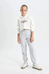 DeFacto Y1226 Gray Girl's Gray Standard Fit School Jogger Sweatpants with Elastic Waist Cuff - Image 2