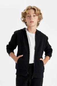 DeFacto T7468 Black Hooded Zippered School Cardigan