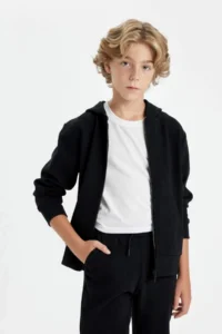 DeFacto T7468 Black Hooded Zippered School Cardigan - Image 2