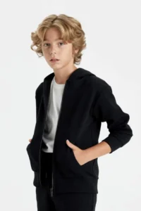 DeFacto T7468 Black Hooded Zippered School Cardigan - Image 3