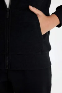 DeFacto T7468 Black Hooded Zippered School Cardigan - Image 5