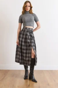 Olalook Women's Anthracite Plaid Pleated Double Buckle Slit Skirt - Image 5