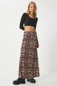 Happiness İstanbul Women's Black Beige Leopard Patterned Long Woven Skirt - Image 2